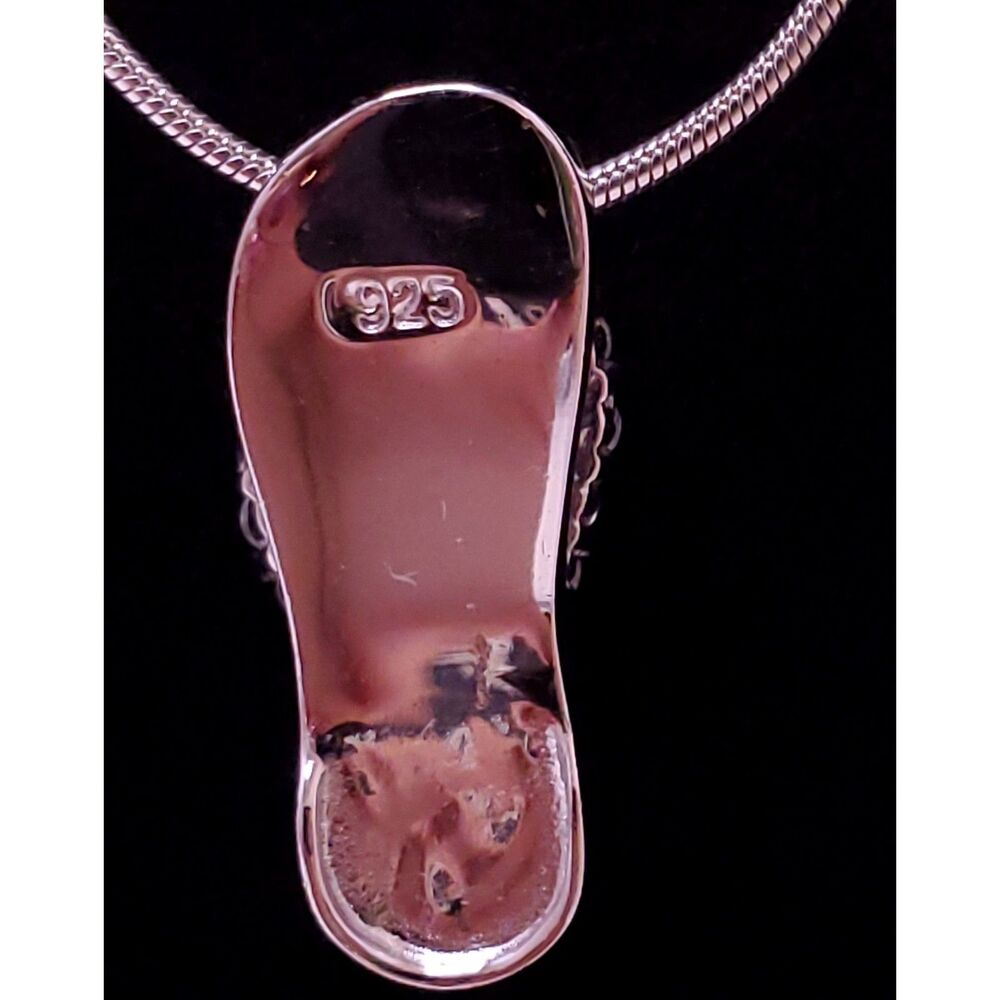 Beachy Summer Sterling Silver Pink Flip Flop Rhinestone Pendant and Necklace 925 - Picture 2 of 5